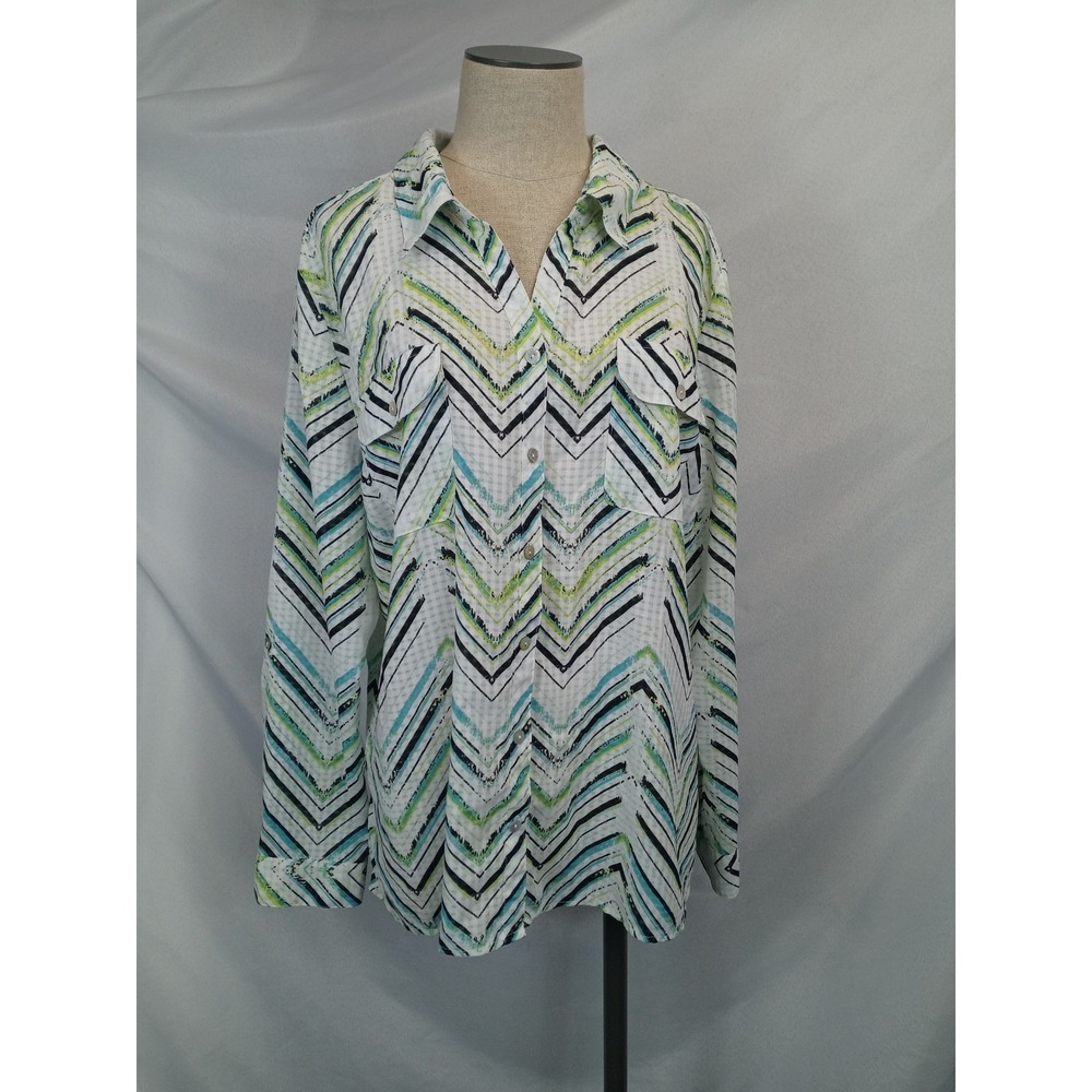 Chevron Striped Button Down Shirt XL Blue Green Geometric Career Office Casual‎
